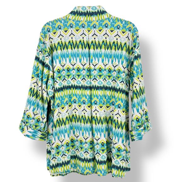 Ali Miles Woven Linen Blend Ikat Point Collar Tunic Top Shirt Sz XL Horn Button - Picture 6 of 8